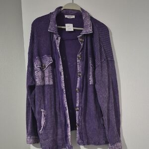 Zenana Outfitters Purple Corduroy Shirt Jacket with Washed Trim